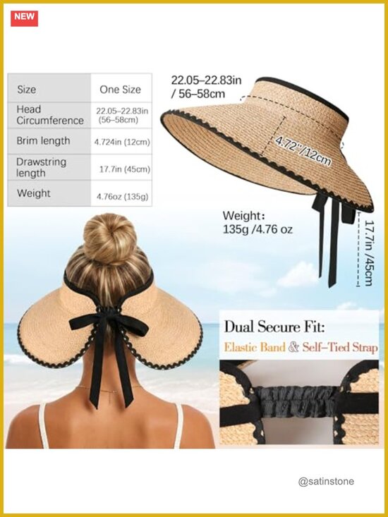 Women\'s Raffia Sun Visor Hat, Packable Wide Brim Beach Visor Ponytail Hat UV main image 4